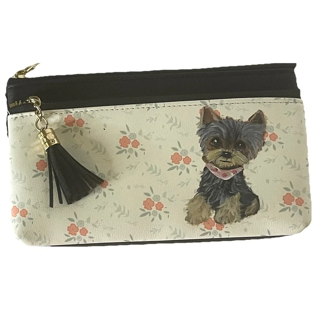 QUINBOHAN‎ Yorkie Wristlet Wallet Black Floral Faux Leather 3 Zip Card Coin